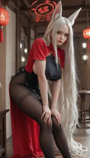 masterpiece, 4k, perfect composition of lights and shadows, cute, beauty, lovery, prety, (orange long long hair, fox ears, akeshiro rumi from blue archive:1.3), (red china uniform:1.3), black apron, huge huge saggy breasts, erect nipples, big ass, pantyhose, openstreched arm, gal peace, bending over and hand to knee