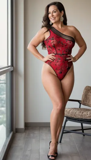 sexy mature, 45 years old, brunette hair, tan skin, long hair, make up, huge hoop earrings, sexy naught flirting smile face, tall, very chubby bbw woman, thick body, small natural saggy tits, at the balcony, looking at the camera, sexy pointed stilettos, full body view, very high waisted sexy one sholder bodysuit lingerie, super high waisted one shoulder body lingerie, sexy extreme high waisted red with black flowered lingerie, huge culottes, mules heels, slip in mules heels, mules focus, side and back body view