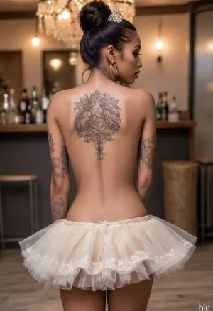 Raw photo, 8k uhd, high quality, high resolution, ultra-detailed, professional photography, photorealism, realistic, beautiful sexy athletic tall dark skin ebony African supermodel, bend over, view from back, intricate colorful lace microdress with gold embroidery, (big lace tutu:1.5), collar, lace stockings with bows, long toned legs, perfect fat round ass, very long hair, no panties, (detailed vagina), beautiful face, (smug smirk), seductive face, full makeup, sex club bar, ass hole out, detailxl, full body full-length view, full, body, tattoo, <lora:FBT-000002:.8>