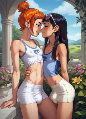 score_9, score_8_up, score_7_up, breasts, duo, (((2girls))), asian, futanari, femboys, Pattaya, Thai, penis, testicles, nipples, very small ass, very skinny, very skinny body, skinny tighs, visible ribs, very long straight black_hair, smile, smiling, eyewear_on_head, (white tank top), no bra, (very short skirt), (((very big bulge))), very visible bulge, small_breasts, navel, very_long_hair, looking_at_viewer, kissing, newhalf, futa_with_futa, day, side_view, standing, standing in garden in front of luxurious white villa, (/Ben10), /, (ultra, HD, quality, details), (green, eyes)