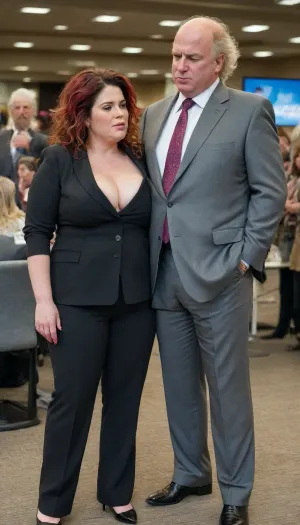 Age 40, the woman is wearing slacks, big tits, messy hair, Fantasy, big hips, busty, chubby, trade show, full body, woman is with one man, the man is wearing a suit, the man is 60, the man is bald, the woman's eyes are closed, the woman is sad