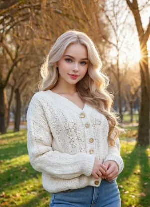 (masterpiece, best quality, ultrarealistic, 8k, highres), 1girl, extremely tiny delicate youthful white doll, miniature doll-like body, impossibly narrow waist and slim limbs, huge round perfect breasts wildly disproportionate to tiny frame, heart-shaped ass, long platinum blonde hair, enormous sparkling bright blue eyes with extremely long thick eyelashes and glossy highlights, tiny upturned button nose, soft heart-shaped pink lips, big round doll cheeks with subtle dimples, flawless porcelain skin, perfect neat subtle makeup with soft pink blush and glossy lips, standing outdoors in sunny park, wearing cozy oversized white sweater, light blue jeans, white sneakers, winter jacket open, innocent smile, soft sunlight, detailed background with trees and path, depth of field