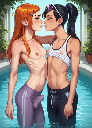 score_9, score_8_up, score_7_up, breasts, duo, (((2girls))), asian, futanari, femboys, Pattaya, Thai, penis, testicles, nipples, very small ass, very skinny, very skinny body, skinny tighs, visible ribs, very long straight black_hair, smile, smiling, eyewear_on_head, (soaking wet white tank top), drenched clothing, no bra, (sweatpants), (((very big bulge))), very visible bulge, small_breasts, navel, very_long_hair, looking_at_viewer, kissing, loving embrace, newhalf, futa_with_futa, day, side_view, standing, standing in garden in front of luxurious white villa, (/Ben10), /, (ultra, HD, quality, details), (green, eyes)