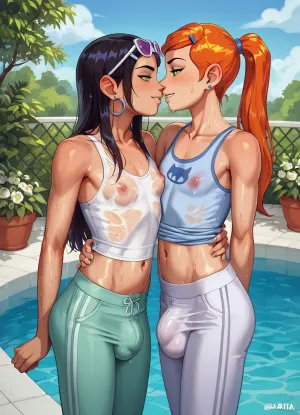 score_9, score_8_up, score_7_up, breasts, duo, (((2girls))), asian, futanari, femboys, Pattaya, Thai, penis, testicles, nipples, very small ass, very skinny, very skinny body, skinny tighs, visible ribs, very long straight black_hair, smile, smiling, eyewear_on_head, (soaking wet white tank top), wet see-through clothing, no bra, (sweatpants), (((very big bulge))), very visible bulge, small_breasts, navel, very_long_hair, looking_at_viewer, kissing, loving embrace, newhalf, futa_with_futa, day, side_view, standing, standing in garden in front of luxurious white villa, (/Ben10), /, (ultra, HD, quality, details), (green, eyes)