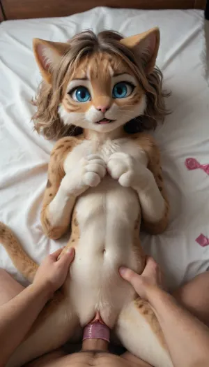 pov fuck animal cat girl, deep penetration, cute, small body, skinny, Japanese, correct anatomy, small, feral, thin waist, vaginal sex, using condoms, pov, anorexic, thin body, tiny, lying on side, tears, terrified, frustrated, scaried, panic, <lora:artfullyVPROW_SDXL_V1:.8>, animal, feline_hybrid, furry, <lora:Realistic_Feline_Hybrids:.8>, yonkagor, nude, fursuit, <lora:FursuitXL:.6>