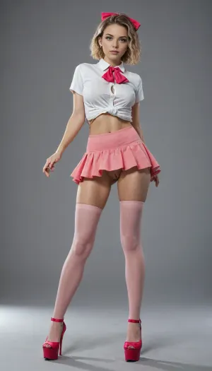 masterpiece, best quality, very awa, very aesthetic, newest, thick outlines, very detailed, 1girl, 1man, standing, beautiful, cute, kawaii, Elle, adult face, short blonde bob cut, big blue eyes, beautiful face, toned body, white unbuttoned shirt, tits visible, ascot, pink mini skirt, pink mini-skirt, upskirt, no underwear, pussy visible, pink thigh highs, high heels on platform, hair bow, highly detailed, intricate, cute pose, modelshoot, abstract background, petite, perfect body, medium perky tits, sexy pose, erotic, seductive, medium perky breasts, innie pussy, cowboy shot, shadows, dynamic angle, dutch angle, dramatic lighting, cinematic lighting, very fat old man, man grap girl butt, full body view
