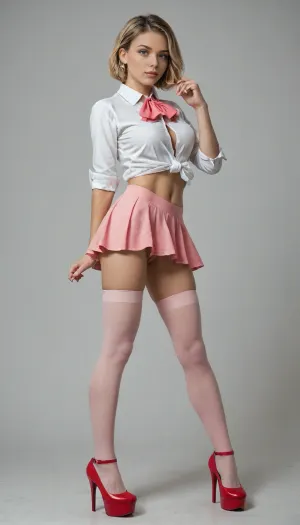 masterpiece, best quality, very awa, very aesthetic, newest, thick outlines, very detailed, 1girl, 1man, standing, beautiful, cute, kawaii, Elle, adult face, short blonde bob cut, big blue eyes, beautiful face, toned body, white unbuttoned shirt, tits visible, ascot, pink mini skirt, pink mini-skirt, upskirt, no underwear, pussy visible, pink thigh highs, high heels on platform, hair bow, highly detailed, intricate, cute pose, modelshoot, abstract background, petite, perfect body, medium perky tits, sexy pose, seductive, medium perky breasts, innie pussy, cowboy shot, shadows, dynamic angle, dutch angle, dramatic lighting, cinematic lighting, very fat old man, man grap girl butt, full body view