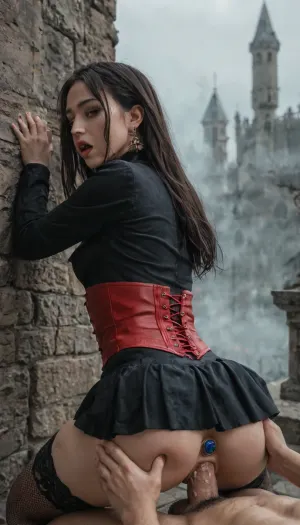 1Woman, puffy vagina, fat labia, puffy labia, vampire, night, mist, fog, long hair, small breasts, red eyes, black long coat, black fishnet stockings, choker, black skirt, black pubic hair landing strip, red corset, standing, bent over, spread legs, big cock, 1boy, vaginal, Pinned to the wall, view from above, spread ass, side view, ancient castle, butt plug, sexy look "do you want to fuck me too, viewer?", puffy pussy, Orgasm, closing eyes in orgasm, female orgasm, moans, groans, an orgasmic expression, exquisite sexual intimacy, deep sexual connection, beautiful sex, lovemaking, (female with sexy thighhighs:1.5), detailxl