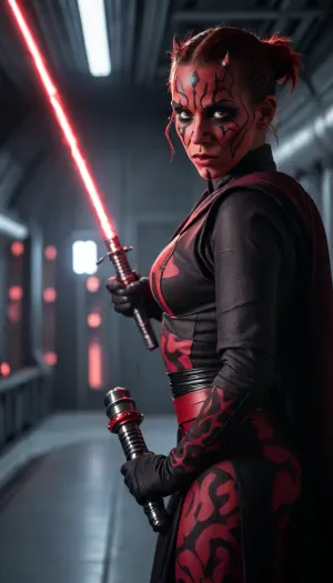 (Female darth maul cosplay:1.2), show breasts, with red lightsaber, on Death Star
