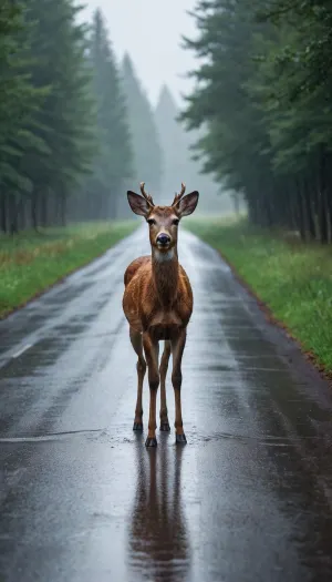 A deer on a rainy country road