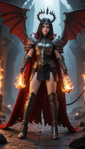 1girl, black hair, ponytail, long hair, hair ornament, orange eyes, (black sclera:1.2), colored sclera, masterpiece, best quality, absurdres, mature female, warhammer 40K themed, beautiful succubus wearing bulky evil plate armor, boobplate, spiky evil gauntlets, evil spiky tiara, circlet, black halo, demon horns, scale evil wings, evil cape, huge scaly pauldrons, armored boots, high heels, (fire and brimstone, hell gates), (sparkles, sparkling scales), sharp focus, (glossy evil clothing, glittering evil fabric), dark environment, darkness, shadows, full body, dutch angle, looking at viewer, standing, contrapposto, legs apart, intricate, highly detailed, majestic, depth of field, movie still
