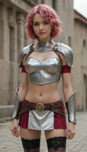 masterpiece, best quality, amazing quality, anime coloring, anime screencap, n1n4, short hair, pink hair, brown eyes, 1girl, solo, armor, breast plate, pale skirt, belt, armband, bracelet, thighhighs, midriff, navel, medium breasts, parted lips, lips, large smile, tight outfit