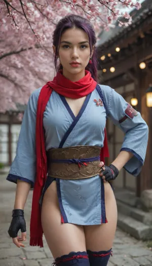 (masterpiece:1.5), (pin-up pose:1.4), (highest quality, best quality), 1girl, solo, Asian, Psylocke, purple hair, ponytail, blue eyes, red scarf, sarashi, japanese clothes, thighhighs, gloves, hand on hip, face focus, armor, pale skin, arched eyebrows, small nose, upturned nose, full lips, flirty expression, slender body, toned body, supple body, slender waist, Japanese background, (Cherry Blossoms:1.4), Lanterns