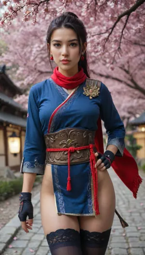 (masterpiece:1.5), (pin-up pose:1.4), (highest quality, best quality), 1girl, solo, Asian, Psylocke, purple hair, ponytail, blue eyes, red scarf, sarashi, japanese clothes, thighhighs, gloves, hand on hip, face focus, armor, pale skin, arched eyebrows, small nose, upturned nose, full lips, flirty expression, slender body, toned body, supple body, slender waist, Japanese background, (Cherry Blossoms:1.4), Lanterns, <lora:add-detail-xl:.8>, <lora:EnvyBetterHiresFixXL01:.8>