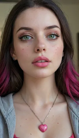 Breathtaking extremely very horny 19 year old American Goth girl, medium fake breasts out, athletic body, perfect skinny body sharp nose, smooth silky long hair rectangular face, wide mouth, full lips, dark makeup, black hair and pale skin, tattooed, expensive hairstyle, expensive earrings, beautiful necklace, thin eyes, green eyes, pale skin, freckles, big cheekbones, slim, deep dimples, cute chin, kind eyes, white teeth, detailed faces, <lora:SDXL_BetterFaces-LoRA_v1:.5>, Black eyeliner. Heavy bronze eyeshadow. BREAK
Fully clothed in, (hot pink baggy college hoodie:1.2), . realistic eyes. she sucks on a round red lollipop. Sultry expression. Tousled, high ponytail. Eye contact, (sultry), confident. Petite, athletic, sweaty. Photorealistic. Viewer at eye level, close up. In a poorly lit, rundown basement of a derelict building. Close up, macro shot, Canon RF 100mm F2.8L Macro IS USM, Kodak Portra 400 color film. Nostalgic, film-grain aesthetic., with an overall underexposure of 1-2 stops to accentuate the darkness and isolation of the environment. Close-up on face. Soft backlight.