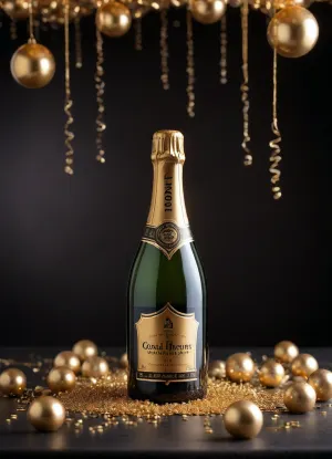 A dramatic photograph of an elegant champagne bottle suspended in mid-air, surrounded by thousands of radiant golden bubbles that catch and reflect light like tiny jewels. The bottle features clear, pristine glass with a subtly embossed label, while beside it sits a premium whisky bottle displaying "Good Morning Friends" and adorned with miniature gold foil gift boxes. A decadent chocolate cake completes the composition, decorated with shimmering golden balloons that echo the celebratory theme. The entire scene is set against a deep black velvet curtain backdrop, dramatically illuminated by a single focused spotlight that creates luxurious shadows and gentle bokeh lights dancing in the background.