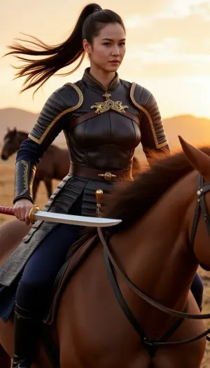 (masterpiece), (high quality), (picturesque detail), (photorealistic), (ultra-detailed), young Chinese warrior knight on horseback, (sharp focus), (dynamic pose), (intense gaze), (narrative lighting), (dramatic lighting), 1.5, in black leather armor, (black armor with gold accents), graceful, black hair tied in a high ponytail, hair blowing in the wind, holding two swords with gold hilts, (one blade with red inlay), (gold details on swords), (dark blue clothing under armor), black cloak, (powerful and determined), on a massive horse, part of the horse's muzzle visible in the foreground, (third-person view), (post-apocalyptic world), (a herd of horses grazing in the background), at sunset, (orange and red tones), (sharp shadows), (deep contrast), (atmospheric), (cinematic), (epic), (fantasy art), masterpiece, 8k, detailed textures, textured leather, realistic eyes, delicate facial features.