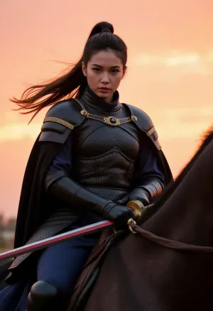 (masterpiece), (high quality), (picturesque detail), (photorealistic), (ultra-detailed), young Chinese female warrior knight on horseback, (sharp focus), (dynamic pose), (intense gaze), (narrative lighting), (dramatic lighting), 1.5, in black leather armor, (black armor with gold accents), graceful, black hair tied in a high ponytail, hair blowing in the wind, holding two swords with gold hilts, (one blade with red inlay), (gold details on swords), (dark blue clothing under armor), black cloak, (powerful and determined), on a massive horse, part of the horse's muzzle visible in the foreground, (third-person view), (post-apocalyptic world), (sunset in the background), at sunset, (orange and red tones), (sharp shadows), (deep contrast), (atmospheric), (cinematic), (epic), (fantasy art), masterpiece, 8k, detailed textures, textured leather, realistic eyes, delicate facial features.