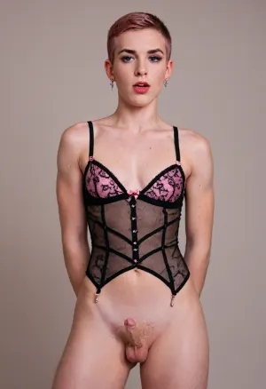 effeminate twink, ((twink)), (((crossdresser))), (((feminine))), (((pink wig))), short, dyed pink hair, red lipstick, eyeshadow, makeup, and false eyelashes. completely shaved. his body is delicate, feminine, and petite. he has slender arms, a slim waist, and a round butt. his penis is small, (((visible penis))), (((micropenis))), (((shrunken penis))), (((princess pink sexy costume))), delicate, and shrunken., 20 years old, small and pointy breasts, ((great viewing angle)), masterpiece, professional lighting, Tony, Ahegao, face, Tongue, out, Cross, eyed, 4h3g40, detailed, style, <lora:Tony_Conrad:1.7>, <lora:Ahegao_flux:2>, <lora:SuchPetWig_r1:1.6>, <lora:detailed style v1.5:1.3>, <lora:Micro_Chastity_Cage:2>