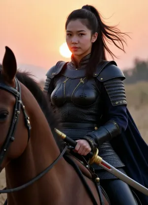 (masterpiece), (high quality), (picturesque detail), (photorealistic), (ultra-detailed), young Chinese female warrior knight on horseback, (sharp focus), (dynamic pose), (intense gaze), (narrative lighting), (dramatic lighting), 1.5, in black leather armor, (black armor with gold accents), graceful, black hair tied in a high ponytail, hair blowing in the wind, holding two swords with gold hilts, (one blade with red inlay), (gold details on swords), (dark blue clothing under armor), black cloak, (powerful and determined), on a massive horse, part of the horse's muzzle visible in the foreground, (third-person view), (post-apocalyptic world), (sunset in the background), at sunset, (orange and red tones), (sharp shadows), (deep contrast), (atmospheric), (cinematic), (epic), (fantasy art), masterpiece, 8k, detailed textures, textured leather, realistic eyes, delicate facial features.