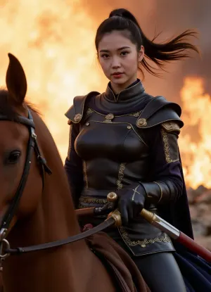 (masterpiece), (high quality), (picturesque detail), (photorealistic), (ultra-detailed), young Chinese female warrior knight on horseback, (sharp focus), (dynamic pose), (intense gaze), (narrative lighting), (dramatic lighting), 1.5, in black leather armor, (black armor with gold accents), graceful, black hair tied in a high ponytail, hair blowing in the wind, holding two swords with gold hilts, (one blade with red inlay), (gold details on swords), (dark blue clothing under armor), black cloak, (powerful and determined), on a massive horse, part of the horse's muzzle visible in the foreground, (third-person view), (post-apocalyptic world), (background lighting from fire), (blazing fire in the background), at sunset, (orange and red tones), (sharp shadows), (deep contrast), (atmospheric), (cinematic), (epic), (fantasy art), masterpiece, 8k, detailed textures, textured skin, realistic eyes, subtle facial features.
