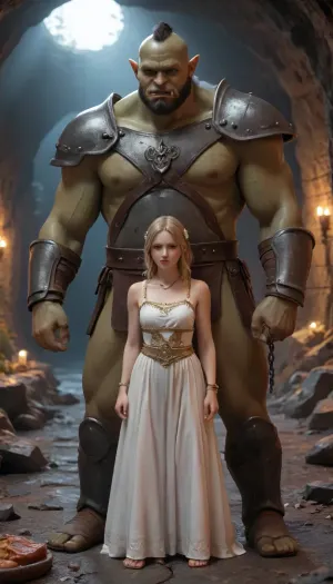 orc man, fanny packing a girl, onarmor, meat shield, medium breasts, chain, size difference, bound, dark dungeon, underground cave, <lora:onarmor_xl:1>