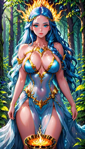 Epic fantasy illustration of a beautiful Viking priestess, age 20, long blond hair, performing a mystical ritual in a forest. She is dressed in a sensual, revealing ceremonial gown made of flowing transparent sheer fabrics and shimmering metallic accents, with intricate Norse patterns that highlight her graceful figure, big breasts and a deep neckline, Her face is strikingly beautiful, with delicate features, radiant skin, piercing blue eyes, and long flowing hair framing her serene yet powerful expression. She stands before a glowing fire bowl, surrounded by carved runes and flickering shadows among the trees. The atmosphere is magical, cinematic lighting, highly detailed, ethereal mood, Beautiful detailed face, (perfect blue eyes:1.1), (perfect skin:1.1), (perfect body:1.1), (perfect hands:1.1), (perfect finger:1.1), (perfect fingernails:1.1), Modelshoot style, professional Photography, Photorealistic, RAW, analog, best quality, 8k, HD, DSLR, Fujifilm XT3, film grain, award winning