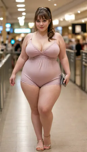 Hyper Realistic, candid photo, 1girl, beautiful, (chubby:.9), (busty), modest, modesty, plump girl, round face, large bright eyes, shy vibe, no make up, lovely facial features, arousing, seductive, temptation, alluring, fun, shopping mall, shopping, short gown, small handbag, bubbly happy vibe, very long flowy hair, ponytail, hair on the side, bangs, full body, thigh, knees, plump, skindentation, chubby, bbw, venus, body, big, breasts, ass, <lora:Chubby BBW - XL:1.7>