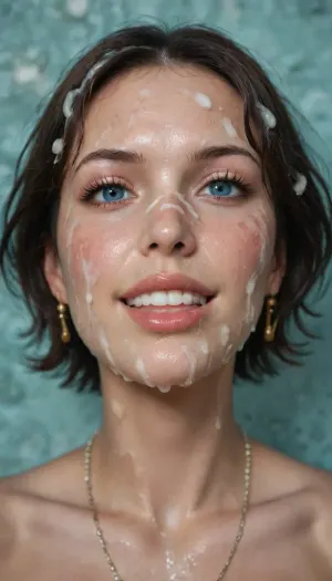 (((Boa Hancock from One Piece))), A young woman with a delicate and symmetrical face, clear porcelain skin with a natural rosy glow. She has large almond-shaped eyes with soft brown irises, well-defined eyebrows slightly arched. Her nose is straight and slender, with a gentle curve, and her lips are full, with a defined cupid’s bow. She has a fine, slightly pointed chin, and her short, chestnut hair is neatly styled, with soft waves or a sleek, polished look. The overall expression is calm but with an intense, expressive gaze., <lora:A_SHort_Cut_v3_SDXL:1.8>, . very short hair., ((Massive facial, lot of cum on face, cum on neck, cum on hair)), penis close to face. Smiling. Nude. Earings. Necklace., (Head slightly tilted), .