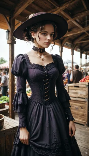 This is a digital painting in a realistic, semi-illustrative style. The central figure is a woman standing in a rustic, sunlit market. She has a pale complexion, dark wavy hair styled in an updo, and wears a Victorian-era, dark purple, long-sleeved dress with a corseted bodice and a full, tattered skirt. The dress has intricate lace detailing around the neckline and sleeves, and a choker necklace adorns her neck. She stands against a wooden post, her left hand resting on it, and her right hand holding the skirt of her dress. Her expression is serious and slightly melancholic.

The background depicts a bustling market scene with several men dressed in period-appropriate attire, including wide-brimmed hats and vests, engaged in various activities. The market stalls are covered with beige, draped fabric, and there are wooden crates and sacks scattered around. The sun is setting, casting a warm, golden light that bathes the scene in a soft, amber glow. The texture of the wooden post and crates is detailed, adding to the realism of the painting. The overall mood is nostalgic and slightly somber, with a focus on the contrast between the woman's dark, worn dress and the warm, golden background.