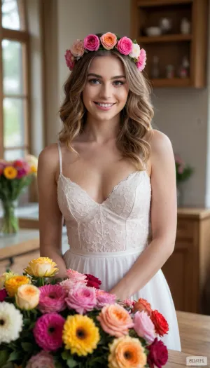Masterpiece, best quality, ultra-detailed 8k photorealistic, a breathtaking 24-year-old female florist with perfect hourglass figure and radiant smile inside her bright cozy flower shop, wearing a delicate semi-sheer white sundress with colorful floral embroidery that gently hugs her large natural breasts and tiny waist, no bra, subtle nipple texture visible through fabric, she is happily arranging a beautiful colorful birthday bouquet on the wooden counter, the bouquet is clearly for a birthday celebration with bright roses, gerberas, sunflowers, pink peonies and a small golden “Happy Birthday” ribbon and card clearly visible, surrounded by thousands of fresh flowers in soft morning sunlight streaming through large windows, warm and joyful atmosphere but elegant and natural, soft golden hour mixed with pastel accents, gentle lens flare, petals on the counter, her long wavy hair with a small flower crown, looking at viewer with warm genuine smile, perfect glowing skin, extremely detailed eyes and lips, shot on Canon EOS R5, 85mm f/1.2, shallow depth of field, cinematic color grading, erotic but tasteful and classy, NSFW allowed, adult only, +21, exact prompt match, a florist in a flower shop makes a bouquet for a holiday, the holiday is a colorful birthday celebration, joyful yet sophisticated atmosphere stylize 650