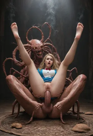 (Alice from Alice in Wonderland), blonde hair, slim body, large breasts, beautiful face, having sex with a massive giant centipede, on top of a giant mushroom, anal sex, moaning, orgasm face, hookah, smoke, (beastiality:1.8), inter-species sex, (size difference:1.8), legs up in air, perfect feet