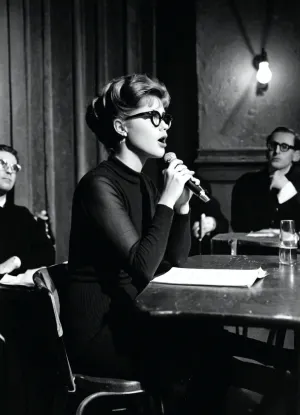 Cinematic, 35mm, wide angle, black and white, San Francisco, 1961, Night, dark beatnik club, smoky, small stage, young woman passionate recites poetry, expressive gestures, thick horn-rim glasses, tight-black knit clothes, black boots, angry. The small audience is out of focus, blurred silhouettes, sitting at small tables in twos and threes.
