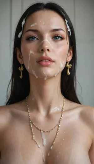 (((Boa Hancock from One Piece))), view from above, milf with a delicate and symmetrical face, clear porcelain skin with a natural rosy glow. She has large almond-shaped eyes with soft brown irises, well-defined eyebrows slightly arched. Her nose is straight and slender, with a gentle curve, and her lips are full, She has a fine, slightly pointed chin, The overall expression is calm but with an intense, expressive gaze., <lora:A_SHort_Cut_v3_SDXL:1.8>, . nice tits, ((Massive facial, lot of cum on face, cum on neck, cum on hair)), Nude. Earings. Necklace., (Head slightly tilted), .