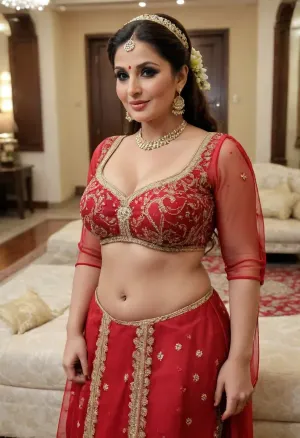 Pakistani mature aunt bimbo, (55 years old), extremely chubby, extremely hypercolossal wide butt, butt wider and larger than upper body, hypercolossal round breasts, extremely large areolas, extremely swollen nipples, thin waist, muscular abs, no underwear, she wears a traditional Pakistani wedding dress, see-through, at a traditional Pakistani wedding celebration, hairstyle ponytail, tall, breasts, large, huge, tits, <lora:bombshell_v2:.3>