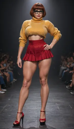 004, (velma dinkley:2), (The image depicts velma dinkley walking down the runway at a fashion show, exuding a glamorous and high-fashion vibe., (Velma is wearing a unique, eye-catching haute couture outfit that combines opulence with an avant-garde edge.), .), .

velma is dressed in a sheer, netted bodysuit adorned with shimmering silver fringe that cascades down from her hips, adding movement and sparkle to her ensemble. The outfit is revealing, showcasing her figure with the netting design and the sparkling details catching the light.

Over the bodysuit, velma wears a large, fluffy cream-colored fur coat that adds an element of warmth and luxurious texture to the look, contrasting with the more delicate, sparkly parts of her attire. velmas accessories include a gold, cylindrical clutch, further enhancing the sophisticated, chic aura of the outfit. On her feet, velma wears delicate strappy sandals that are simple yet elegant, complementing the overall glamorous theme of the look.

The lighting on the runway is dramatic, with a spotlight casting a striking shadow behind her, emphasizing the high-fashion atmosphere of the scene., The image shows a muscular woman with a well-defined physique, demonstrating an impressive level of muscularity. velmas body is highly toned, with prominent muscles across her arms, shoulders, and torso. The definition of her abdominal muscles and strong leg muscles suggests that she has undergone extensive physical training, likely involving weightlifting or bodybuilding. bulky, relief, (muscles:1.5), wearing, Haute_Couture, designer, dress, (muscle_bimbo:1), <lora:Jean_Paul_Gaultier_Haute_Couture_SDXL:2>, <lora:Haute_CoutureXL:1.9>, <lora:Muscle_Bimbo_SDXL:2>