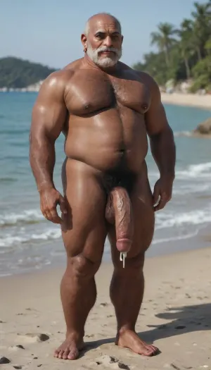 big fat giant dark skin, bald grandpa, thick moustache, furry chest, ass creampie at the beach, full body, coast guard bald grandpa, hairy chest, full thick hairy fur body, show big hairy cock