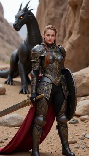 (masterpiece, best quality, hyperrealistic:1.2), photorealistic, detailed, intricate, (portrait of a fierce female warrior, red ponytail braid:1.1), (intricate ornate dark knight armor, gold embellishments:1.3), holding a large sword, shield, red cape, (majestic black dragon in background, glowing yellow eyes:1.2), standing on rocky ground, dusty canyons, dramatic lighting, volumetric lighting, epic scene, fantasy art, cinematic, depth of field