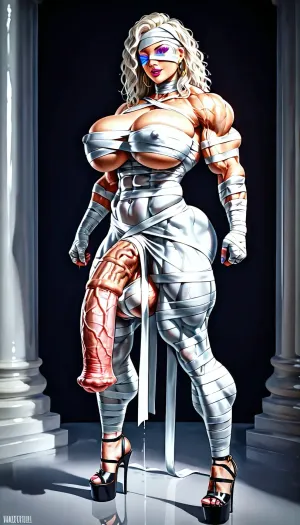 Mummy reimagined as a hyper-curvy muscular futanari bombshell with a huge veiny muscular Horse dick, stiletto platform heels