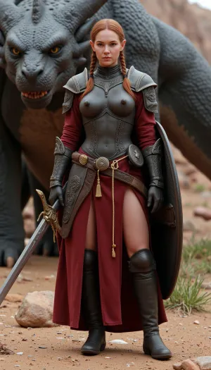(masterpiece, highest quality, hyperrealism:1.2), photorealism, detail, complexity, (portrait of a fierce female warrior elf with elongated elven ears and a red braid:1.1), (complex decorated armor of a dark knight, gold jewelry:1.3), with a large sword, shield, red cloak, (majestic black dragon in the background, glowing yellow eyes:1.2), standing on rocky ground, dusty canyons, dramatic lighting, volumetric lighting, epic scene, fantasy art, cinematic, depth of field