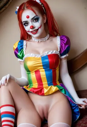 young beautiful girl 18 years old clown girl with big breasts, wearing a pulled-up dress without any underwear, laying on her back with spread legs, no panties, long striped socks, clown makeup, skinny, white face paint, detailed vagina, looking at the viewer, back long high twin multi-colored ponytails, excited, aroused, tack sharp, 4k, dslr