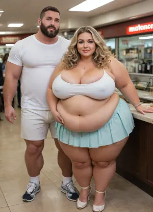(masterpiece, best quality), (location is a McDonald’s restaurant), (standing), (1 fat woman + 1 muscular men), ((A very lush and voluptuous very beautiful short Swedish 20-year-old chubby girl with chubby cheeks and a very pretty chubby face with double chin and very long blonde curly hair wearing a white tennis skirt and white top and high heels:1.2)), ((tall handsome athletic muscular man with a big beard behind the women who grabs on her hips:1.6)), very realistic blue eyes, (bronze tanned skin:1.4), lips parted, perfect heavy sexy bimbo makeup, juicy red glossy lips, ((fertile goddess)), (small soft natural teardrop breasts:1.2), (fat girl:1.4), (obese girl:1.4), (fat creases on Belly:1.4), (fat rolls:1.4), (thick chubby lovehandles:1.2), (wide hips:1.2), (fat bubble butt:1.2), (chubby thighs:1.2), (chubby belly:1.2), (chubby girl:1.4), (very chubby face:1.6), (very chubby cheeks:1.6), (chubby neck:1.2), (chubby arms), seductive eyes, sexy head-tilt, captured with a Leica M10, Leica Summilux 50mm f/1.4 lens, sharp focus, best shadow, score_9, score_8_up, 8K, UHD, clear image, extremely sharp, extremely detailed, extremely intricate detail, high res, ultra-high-definition, highly detailed, ultra-sharp textures, finely detailed, perfect skin texture, hyperrealistic lighting, professional photography, full dynamic range, deep contrast, high clarity, realistic depth of field, HDR, perfect exposure, smooth gradients, volumetric lighting, natural reflections, ultra-fine details, realistic skin pores, individual hair strands, bokeh, soft shadows, color-graded, NEGATIVE_HANDS, igbebe, <lora:attractive_notrigger:1.8>, <lora:IG_Babe:1.9>, <lora:DetailedEyes_V3:2>