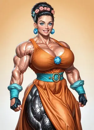 Wilma Flintstone reimagined as a hyper-curvy muscular futanari bombshell with a huge veiny muscular black horse dick, a colorful and whimsical prehistoric Bedrock suburb, wearing a simple spotted orange tunic dress made of animal hide.