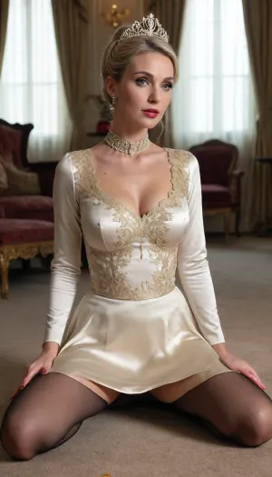 Masterpiece, best quality, ultra HD, hyper-realistic, high res, ultra realistic 8k cg, woman posing for porn, older elegant woman, 55 year-old blonde tall athletic woman wearing a long white satin dress, long sleeves, puff sleeves, wearing a red embroidered bodice over her dress, gold lace filigree covering entire outfit, wearing plain black stockings, plain shiny heels, hair is long blonde, hairstyle is Chignon Bun, woman wearing thick Diamond Collar choker, woman wearing Royal Diamond Tiara, woman kneeling on floor, ((torn skirt)), leaning back, dress pulled up, exposing defined vagina
