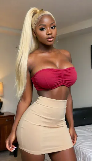 Frontal view, thick body, sexy slut, sexy, african, 20 years old, huge tits, bimbo, bimbo tits, massive tits, big breast dark skin, pleated mini skirt, tube top, extra long hair, (platinum blonde hair), big blonde ponytail, dark melanin, <lora:bombshell_v2:.4>, <lora:melanin-XL:.4>