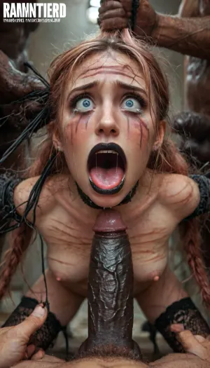 (very long pink hair in two pigtails long bangs, big blue eyes, small nose, plump lips, European sexy face, (gothic, goth, pale skin, black eyeliner, black lipstick), thin neck, perfect huge firm breasts, small hard nipples, anorexic body, very thin waist, small butt, long skinny legs, (full lenght), black long sleeve blouse, mini shorts, black long stockings), (porn magazine cover:1.4), (3Black skin muscular man), (five Black skin hyper large muscular men), (5 very large and hyper thick black cocks), (monster black cock:1.6), sweaty, steamy, detailed face, embarrassed expression, shy, blushing, almost naked, hourglass waistline, perfect anatomic body, ass up, anal spitroast, gagging on cock, random pose, random view angle, ((hogtied, bound for sex, tied up)), (((hyper gigantic large black cock in mouth:1.3))), cum drips from nose, cum drips from mouth, (pulled nipples:1.2), nipple clamps, spitroast, cum explosion from mouth, cum explosion from nose, wide eyes, throat bulge, puffy cheeks, thick cum, holding her head with both hands, hair grab, holding head, deepthroat, (((hyper large cock in mouth:1.3))), oral cream pie, screaming, shocked, tearful, deep anal penetration, (pigtails:1.3), cum explosion, post orgasm, last orgasm, shot from below, Uber realistic, 8k, ultra detailed, masterpiece, arched back, detailxl, 35mm photograph, film, professional, 4k, 1girl, 5 boys, hdr, photographic, ultra realistic, ultra high details, back light, (front view), (dynamic pose), best quality, flatchested, incredibly lean body, feminine, anal sex, with large muscular black men, gargantuan black cocks, anal sex expansion, ravenous hyper sex, large hyper muscular black men, interracial gangbang, (interracial sex), swollen black veiny cocks, (double anal penetration), hardcore double penetration, proper physics, big black cocks, muscular black interracial gangbang, (forceful penetrations), extremely graphic, shocked expression, beautiful hands, massive cum in ass detailed background, dynamic angle, volumetric lighting, Stable-Yogis-Makeup-Enhancer-XL, (extreme size difference:1.12), (hands pulling hair hard, hair falling off:1.22), (eyes wide open in horror:1.44), (wide mouth spreader:1.18), (pleading expression:1.54), (terrified:1.58), (crying:1.98), (fear and panic:1.58), ((screaming in pain:1.46)), (huge dick:1.18), (whip marks:1.68), (whipped tits:1.67), magazine cover, <lora:MJ52:2>, <lora:LCMTurboMix_Euler_A_fix:2>, <lora:JuggerCineXL2:2>, <lora:Dark_Elf_Warrior:2>, <lora:zavy-brbrn-sdxl:2>