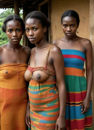 3 young native Women of Ruanda, sagging breasts, small breasts, ((Paul Gauguin)), colorful woolen dress, young woman, <lora:sagging-000015:1.4>