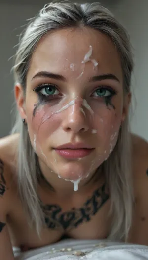 Cinematic still, (18yo woman), submissive, horny, cute, gorgeous, freckles, ((slim:1.4)), ((muscular:1.3)), (black mystical body tattoos:1.5), perfect round breasts, nipple piercing, dark makeup, eyeliner, eyeshadow, mascara, long eyelashes, slim waist, nude, black stockings, black choker, very long white hair, striking facial features, (green eyes), smiling eyes, narrow face, wet skin, silver jewelry, on bed in a bright bedroom, (crawling over the viewer:1.5), (((looking directly to the viewer))), (cum on face:1.9), mouth closed, kiss mouth, (ruined makeup:1.2), (ruined hairstyle:1.5), cum on tits, cum dripping, devot, (closeup face:1.7), view from below, 4k epic detail, shot on kodak, 35mm photo, sharp focus, high budget, cinemascope, moody, epic, film grain, grainy, score_9, score_8_up, score_7_up, rating, explicit, big_eyes, but, <lora:style_lora_realis:2>, <lora:BUT_SDXL_SHS:2>, <lora:SDXLHighDetail_v6-000005:2>