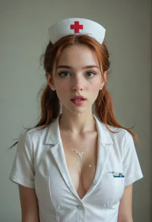 super realistic photography, perfect lighting, (best shadow), 8K, UHD, clear image, (best lighting), highest quality, super detailed images, fine details, 8k wallpaper, masterpiece, (Young female nurse standing, green eyes, medium natural breasts, Redhead, two messsy ponytails, white scrubs, very surprised), (blowjob, erect penis), (cumshot), blouse open, cleavage, cum on breasts, 4ng3l, face, <lora:SDXL_BetterFaces-LoRA_v1:.8>