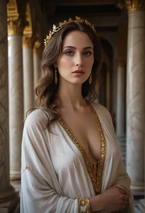 realistic photograph of the goddess Aphrodite, perfect gorgeous face, the exudes love and sex and beauty, she is standing in a ornate marble temple, she is wearing beautiful Greek robes, (one breast out)